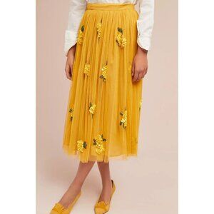 NWT Anthropologie Maeve Posy Sequin Tulle Midi in Gold Yellow Skirt 12